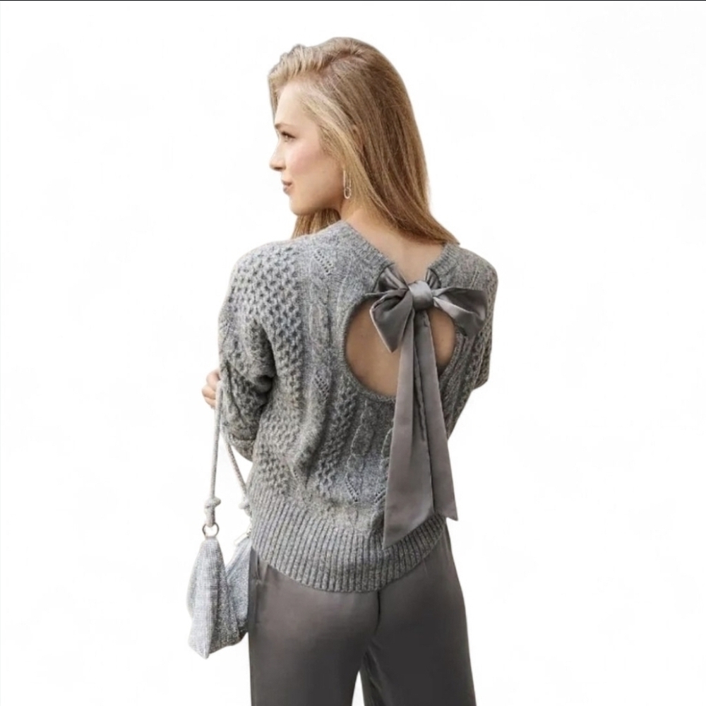 Express Cable Knit Sweater with Satin Tie Back Bow - Gray, Size XS